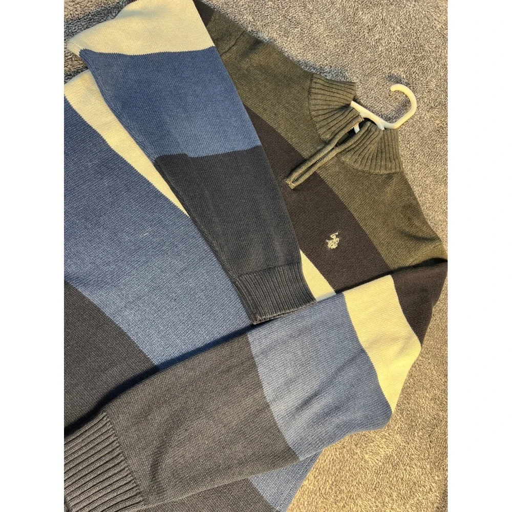 US Polo Assn Mens Quarter Zip Striped Sweater Blue Grey SRUF9S5094 Medium